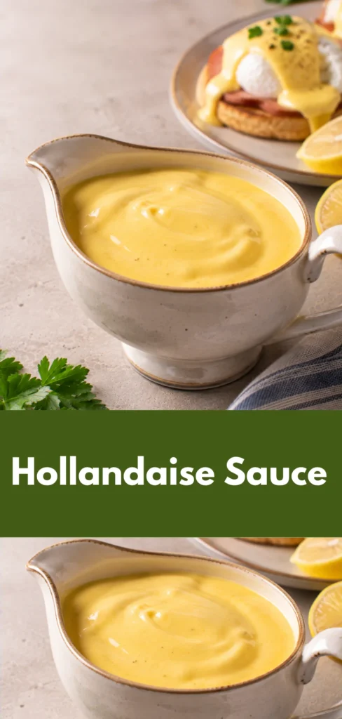 A serving vessel of smooth, creamy Hollandaise Sauce sits in the foreground with a prepared savory dish softly visible behind it on a clean kitchen table, presented as a fresh homemade sauce.