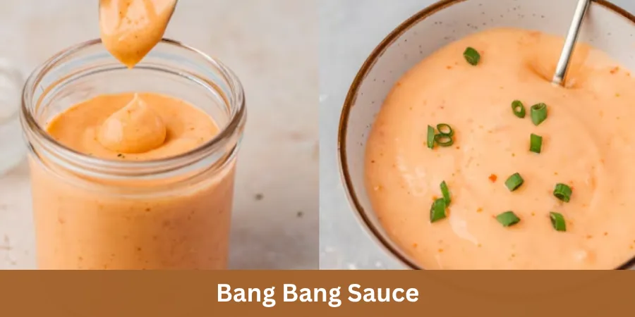A serving of homemade Bang Bang Sauce in a clean container with minimal serving context, photographed from a 45-degree angle in a warm home-food setting.