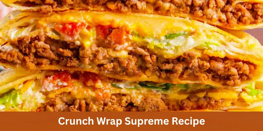 A complete homemade Crunch Wrap Supreme shown on a simple neutral surface from a three-quarter angle, with natural browning and a clean finished presentation for a Crunch Wrap Supreme recipe.