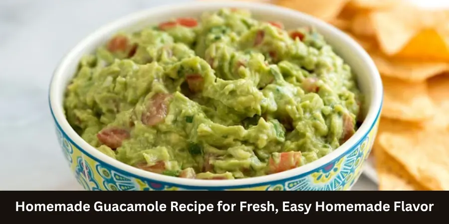 A bowl of freshly prepared homemade guacamole presented on a simple tabletop in a natural home setting, with the finished dish clearly shown as the main subject.