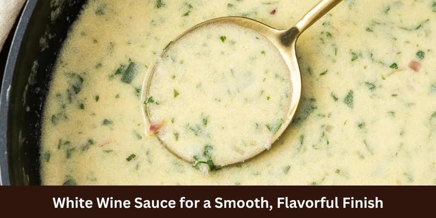 A finished serving of White Wine Sauce in a simple dish on a clean neutral cooking surface, showing its smooth and naturally glossy texture with a softly blurred home-cooking background. The image presents the sauce as a versatile homemade recipe.
